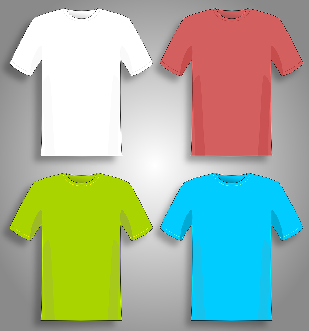 여름용 티셔츠 4개 일러스트, 각 흰색/빨강색/초록색/파랑색