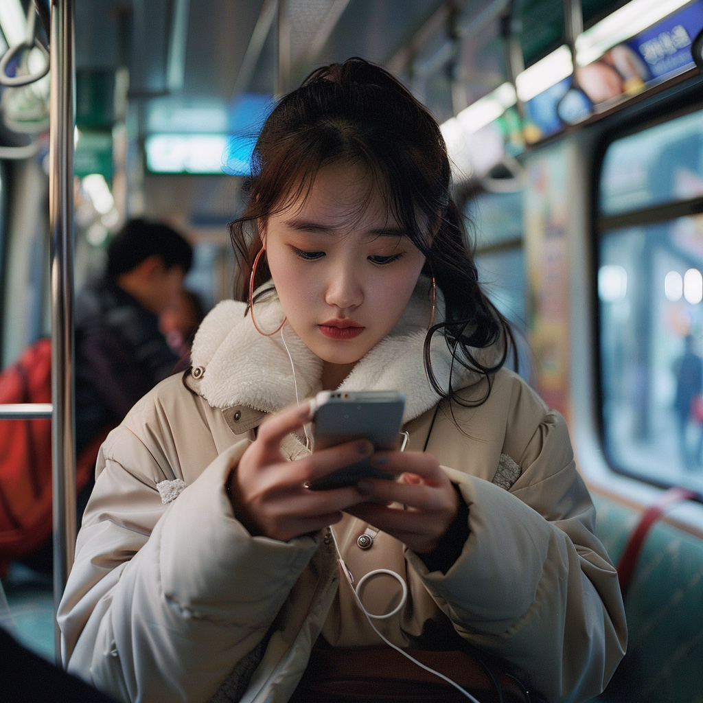 지하철에서 스마트폰으로 영상을 감상하고 있는 젊은 20대 여성, AI로 제작한 이미지